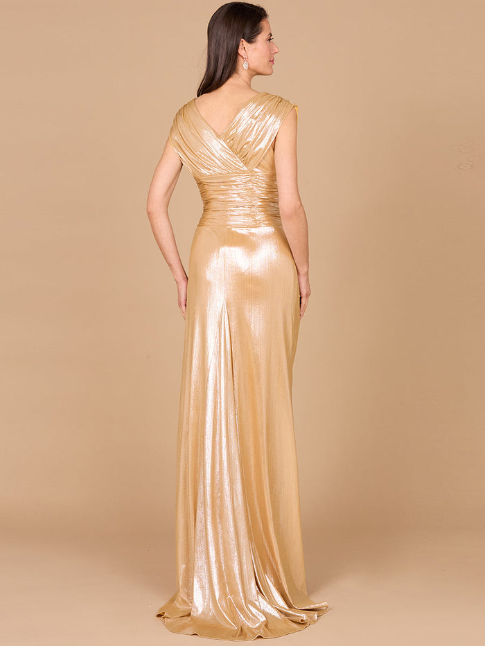 Lara 29124 Cap Sleeve V-Neck Mother of the Bride Dress Metallic Evening Gown with Slit
