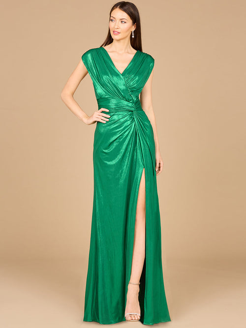 Lara 29124 Cap Sleeve V-Neck Mother of the Bride Dress Metallic Evening Gown with Slit