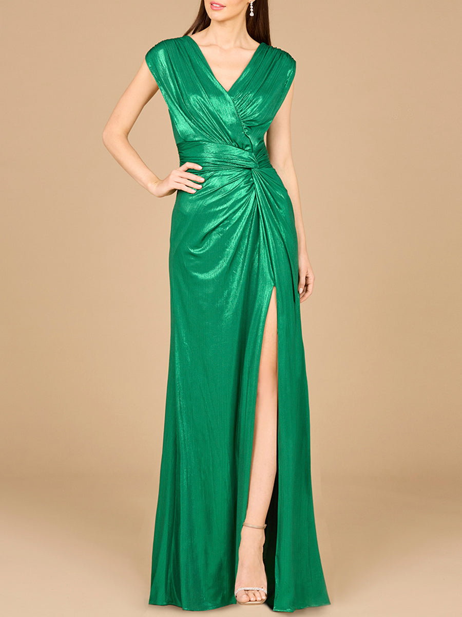 Lara 29124 Cap Sleeve V-Neck Mother of the Bride Dress Metallic Evening Gown with Slit