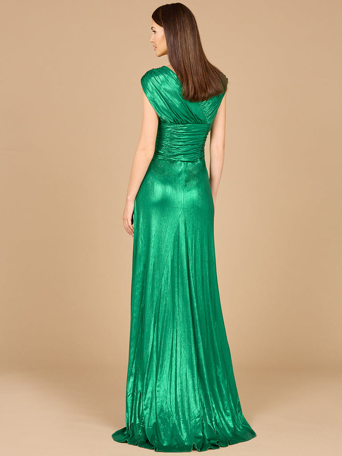 Lara 29124 Cap Sleeve V-Neck Mother of the Bride Dress Metallic Evening Gown with Slit