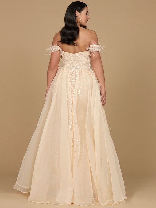 Lara 29161 Overskirt Mother of the Bride Dress Off Shoulder Evening Gown with Feathers
