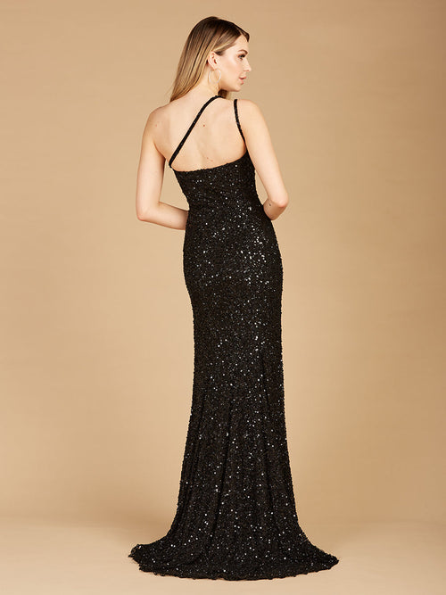 Lara 29286 Sequin One-Shoulder Beaded Evening Gown with Slit