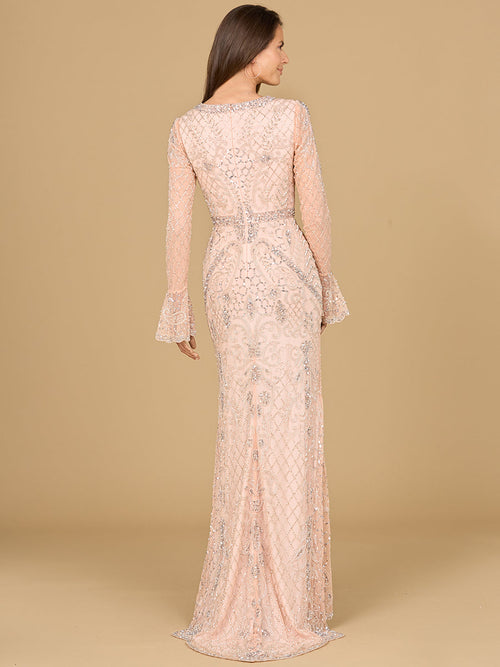 Long Bell Sleeve V-Neck Beaded Gown