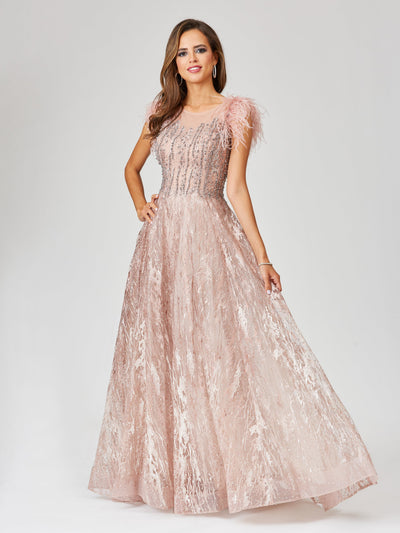 Lara 29475 Lace Beaded ballgown with Feather Cap Sleeves