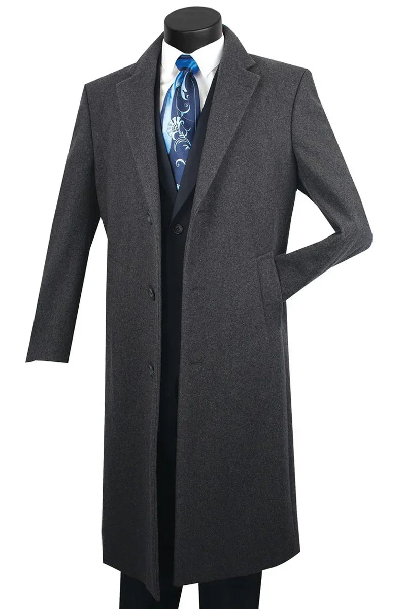 Men's Charcoal Grey Wool & Cashmere Overcoat - Classic Full Length by USA Men's Outlet