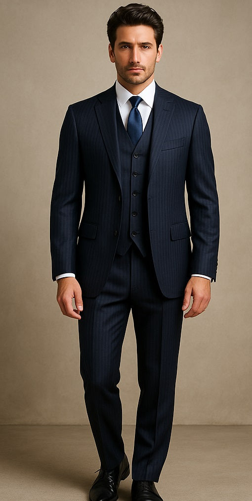 2BV Men's 3 Piece Dark Navy blue Suit For Men Mini Pinstripe ~ Stripe Conservative Italian Design Suit Vested Side Vent Flat Front Pants – SuitUSA