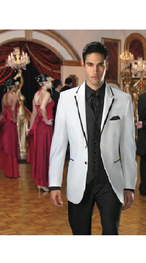 2 Button White Suit Or Fashion Tuxedo For Men & Blazer With Black Edge Trim by Men'sUSA