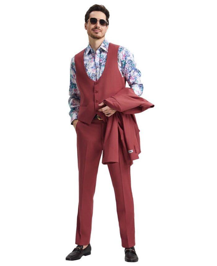 Stacy Adams Men’s Premium Coral Modern Fit Three Piece One Button Peak Lapel Suit