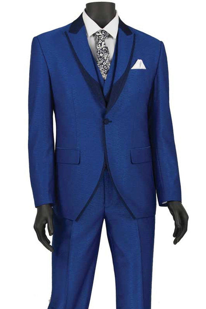 Mens Fancy Vested Mandarin Collar Tuxedo Suit in Burgundy by Vinci