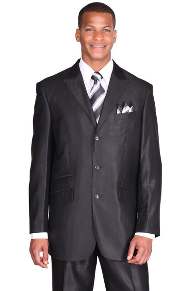 Mens 3 Button Peak Lapel Shiny Sharkskin Micro Pinstripe Suit in Black by Fortino Landiin