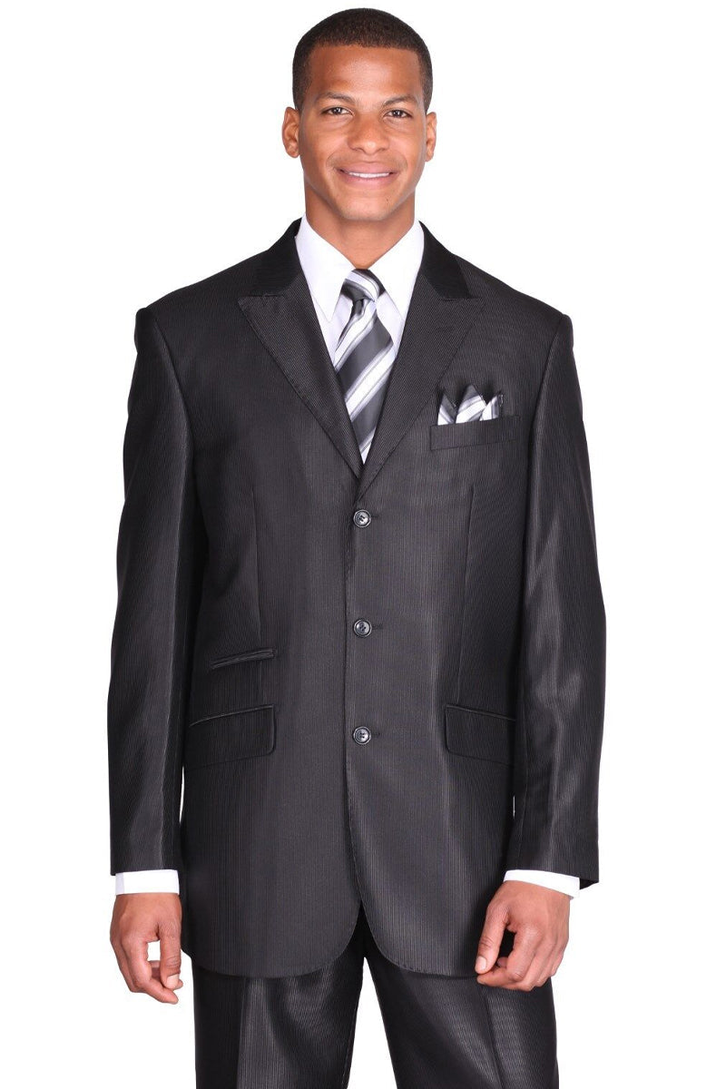 Mens 3 Button Peak Lapel Shiny Sharkskin Micro Pinstripe Suit in Black by Fortino Landiin