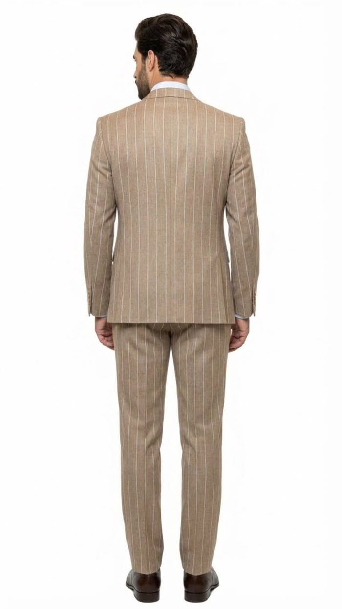 Men's Beige Pinstripe Three-Piece Vested Suit - Tailored Fit Business Attire in Tan Stripe by Rossiman USA Men's Outlet