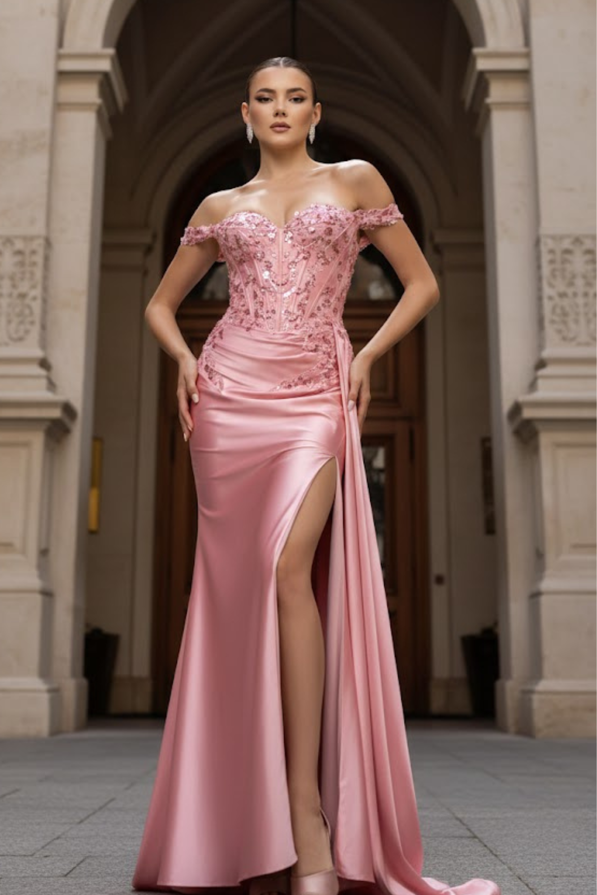 Off-Shoulder Sequin Applique Satin Evening Gown Formal Prom Dress By May Queen MQ2179