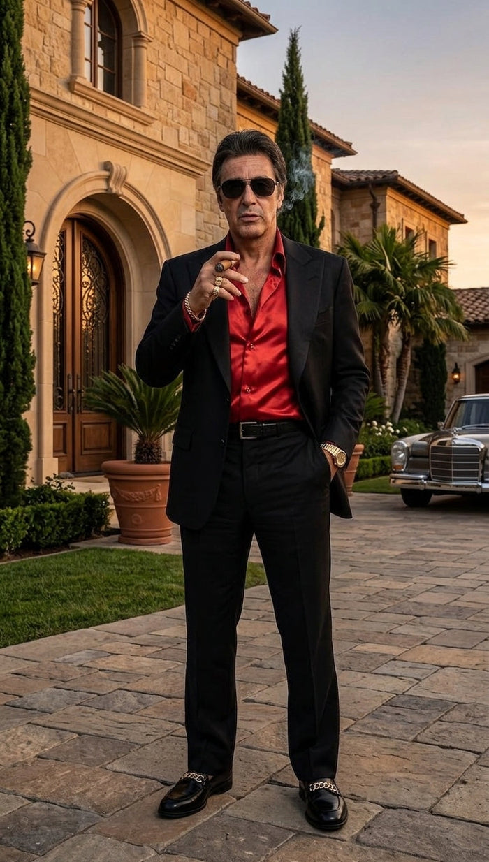 Tony Montana’s Black Blazer with Red Sateen Shirt – Men’s Black Formal Blazer and Red Satin Style Shirt Outfit for Party, Wedding and Vintage Wear