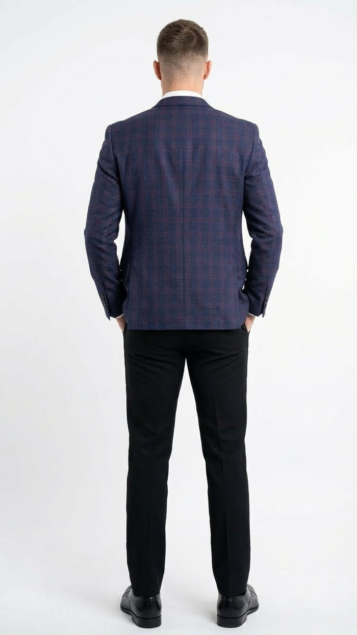 Men’s Big and Tall Navy Blue with Burgundy Plaid Jacket and Sport Coat - Wool Blazer by USA Men's Outlet
