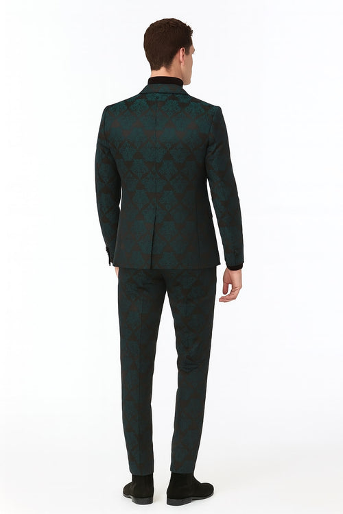 Men’s Emerald Green Floral Jacquard 3-Piece Tuxedo Suits – Slim Fit Formal Set with Blazer, Vest, and Pants Paisley Fabric - Ultra slim fitted