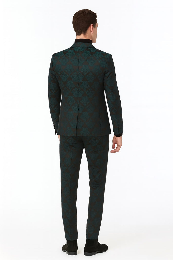 Men’s Emerald Green Floral Jacquard 3-Piece Tuxedo Suit - Slim Fit Formal Set with Blazer, Vest, and Pants Paisley Fabric - Ultra slim fitted by USA Men's Outlet