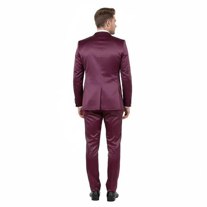 Mens Sateen Shiny Burgundy Slim Fit Tuxedo - Satin Shawl Lapel 3-Piece Suit by USA Men's Outlet