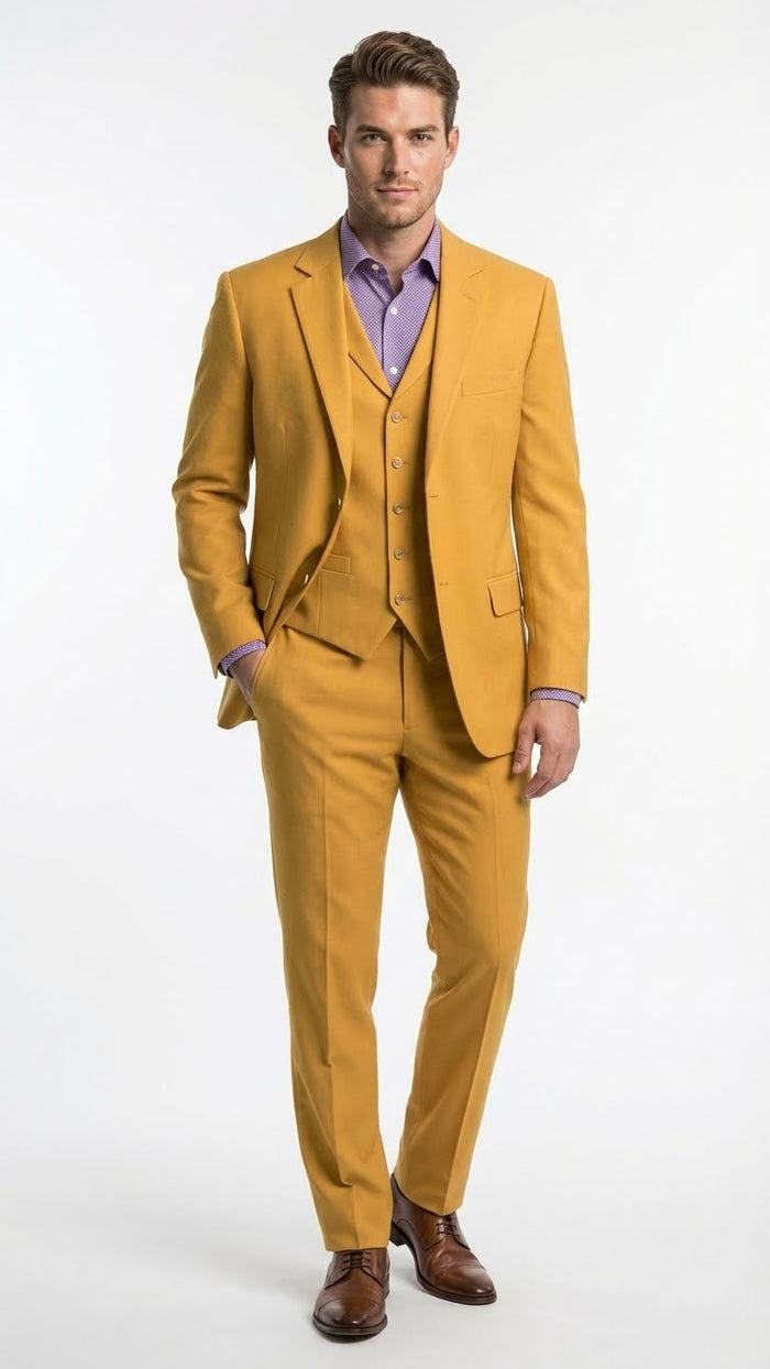 Men’s Mustard Yellow Three Piece Suit - 2 Button Notch Lapel Modern Fit in Gold Color - Church Suit by USA Men's Outlet