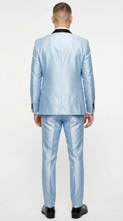 Men’s Light Blue Shiny 3 Piece Suit with Black Shawl Lapel | Formal Wedding Prom Suit - Sateen Sharskin Suit