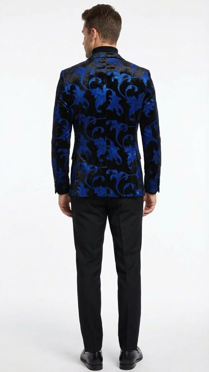 Men’s Black and Royal Blue Patterned Blazer - Paisley Floral Sport Coat Prom Jacket by USA Men's Outlet