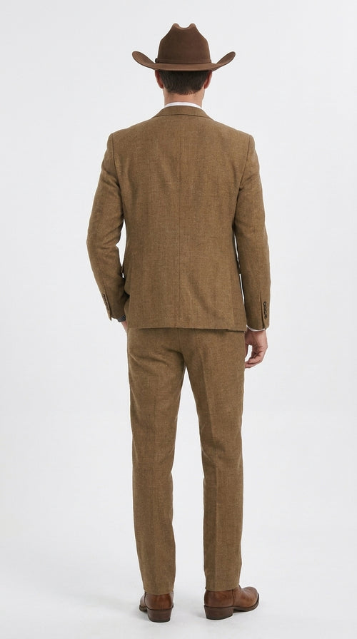 Men’s Light Brown Western 3-Piece Suit – Cowboy Wedding Suit with Vest British Khaki Color