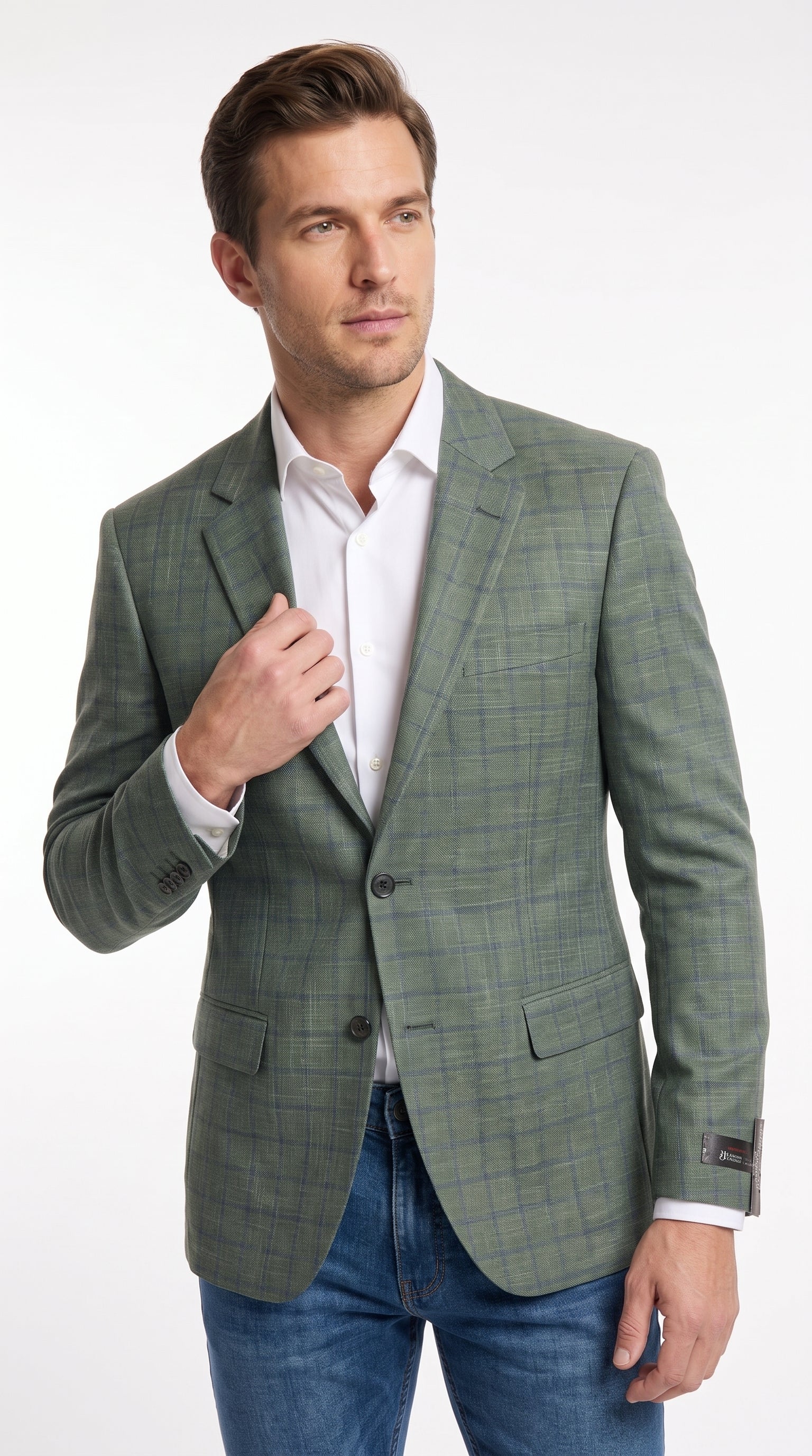 Men’s Sage Green Windowpane 2-Piece Suit – Modern Fit Plaid Wedding, Business and Formal Suit