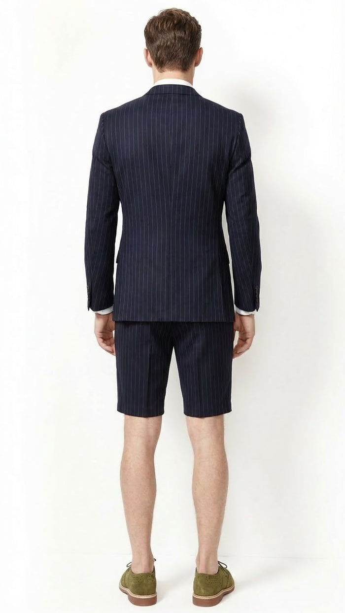 Men’s Dark Navy Blue Pinstripe or Black Pinstripe Summer Business Suit with Shorts Pants Set by USA Men's Outlet
