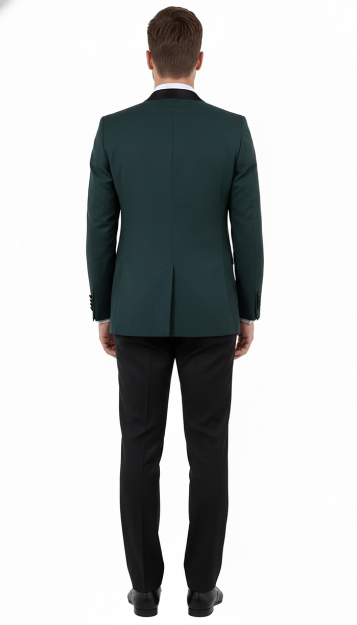 Men’s Green Tuxedo Suit - Slim Fit Jacket with Black Satin Shawl Lapel and Black Pants in Hunter Green by USA Men's Outlet