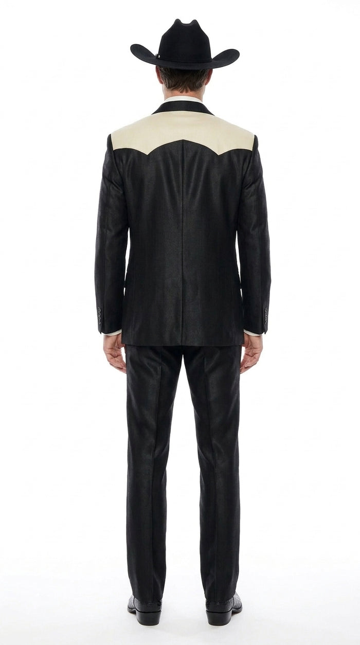 Men's Black Western Suit with White Shoulder Yoke – 2 Piece Cowboy Wedding Suit & Western Blazer with Matching Dress Pants