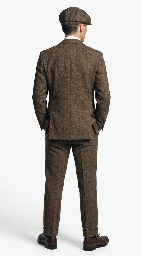 Men's Thomas Shelby Brown Tweed Herringbone 3-Piece Suit – Peaky Blinders 1920s Vintage-Style Suit with Matching Vest & Trousers