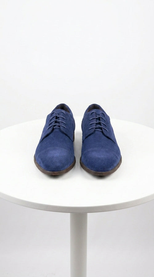 Men’s Navy Blue Suede Cap Toe Dress Shoes – Classic Lace Up Formal Wedding and Prom Shoes Velvet Fabric