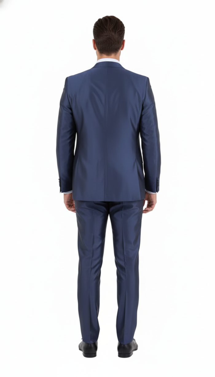 Men’s Navy Blue Shiny Finish 3-Piece Suit Set - Premium Tailored Fit Formal Wedding and Party Sateen Slim Fitted Suit by USA Men's Outlet