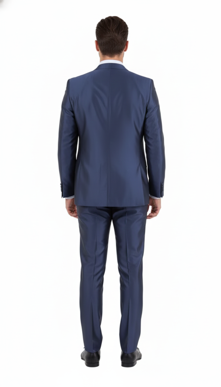 Men’s Navy Blue Shiny Finish 3-Piece Suit Set - Premium Tailored Fit Formal Wedding and Party Sateen Slim Fitted Suit by USA Men's Outlet