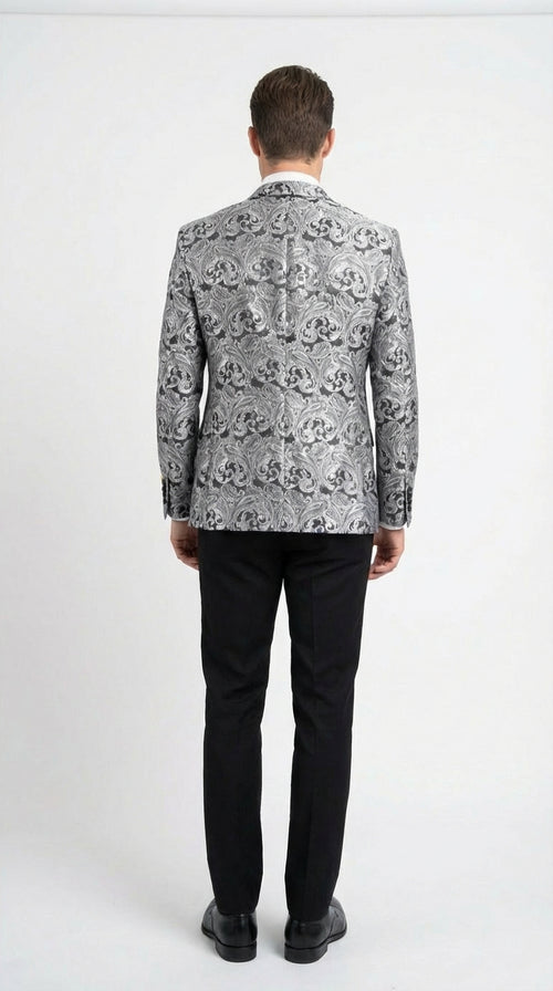 Men’s Silver and Black Paisley Prom Blazer Jacket | Printed Formal Evening Tuxedo Blazer + Free Matching Bow Tie