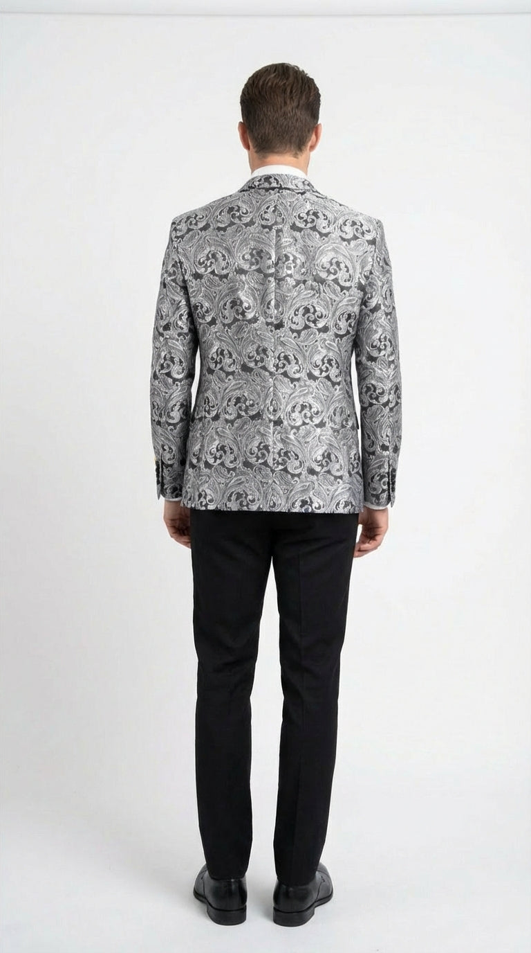 Men’s Silver and Black Paisley Prom Blazer Jacket | Printed Formal Evening Tuxedo Blazer + Free Matching Bow Tie
