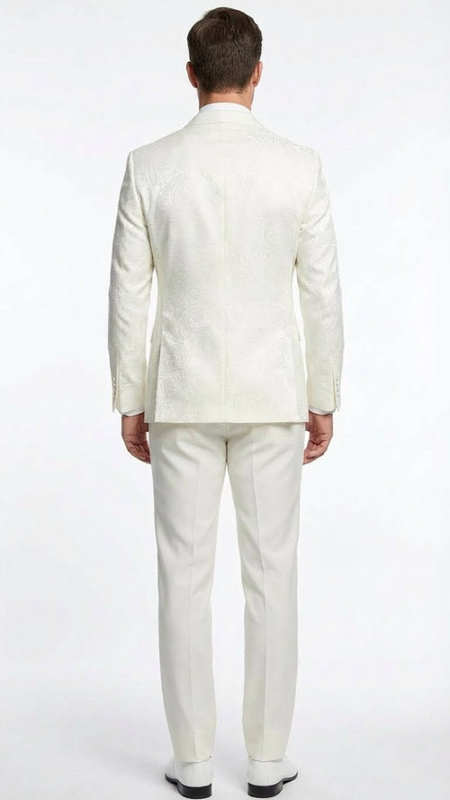 Men’s Ivory Double Breasted Tuxedo Dinner Jacket – Textured Blazer Paisley Texture Pattern in Off White Cream Color + Bowtie