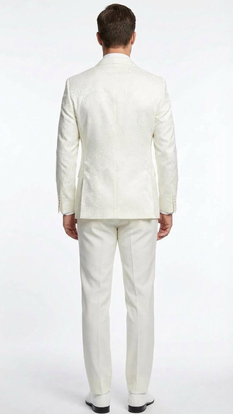 Men’s Ivory Double Breasted Tuxedo Dinner Jacket – Textured Blazer Paisley Texture Pattern in Off White Cream Color + Bowtie