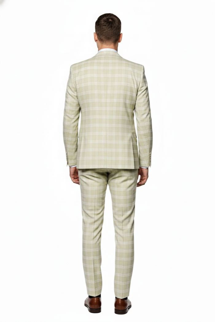 Men’s Light Beige Check 3-Piece Suit Set - Premium Tailored Fit Formal Wedding and Spring Event Suit Light Tan Sand Color By Rossiman USA Men's Outlet