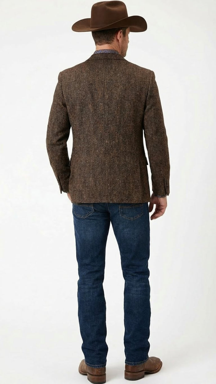 Saco Vaquero Men’s Brown Western Tweed Herringbone Blazer Jacket – Classic Cowboy Style Sport Coat for Wedding Party