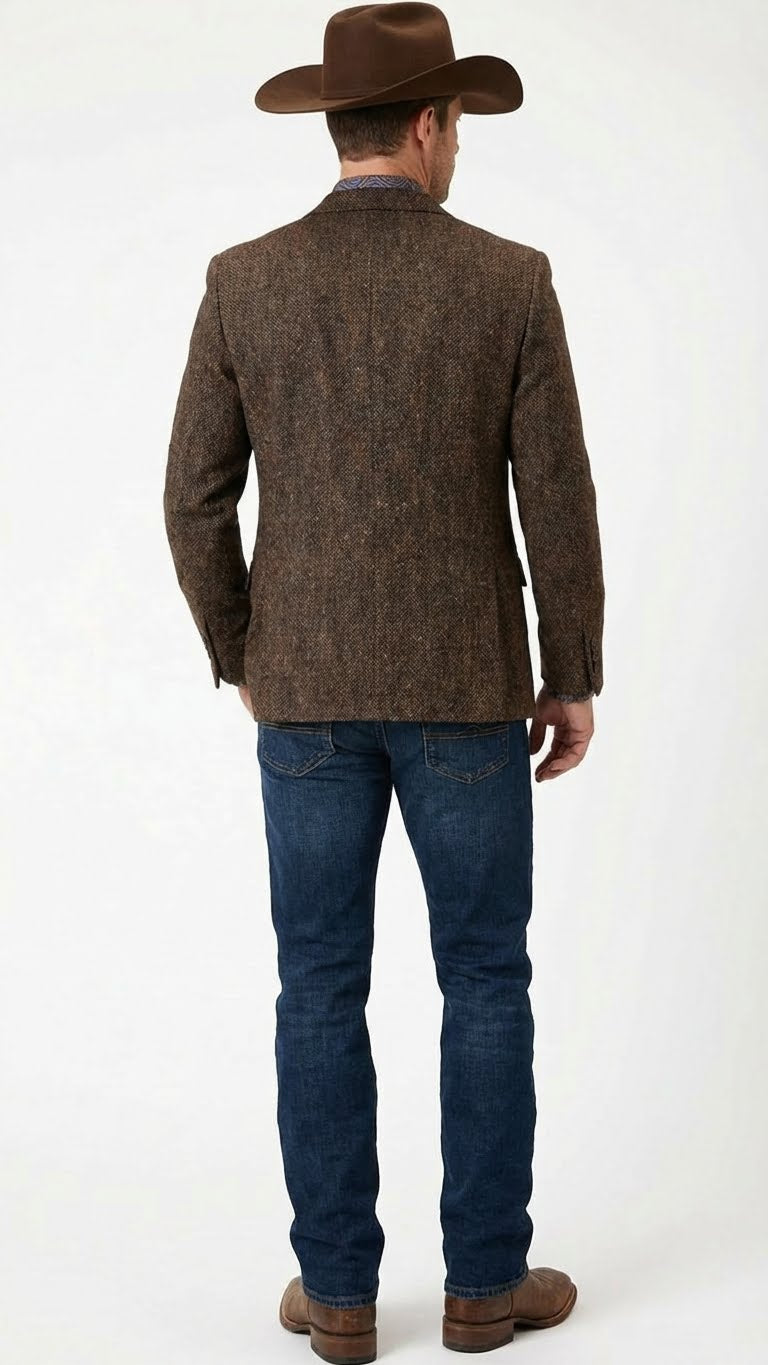 Saco Vaquero Men’s Brown Western Tweed Herringbone Blazer Jacket – Classic Cowboy Style Sport Coat for Wedding Party