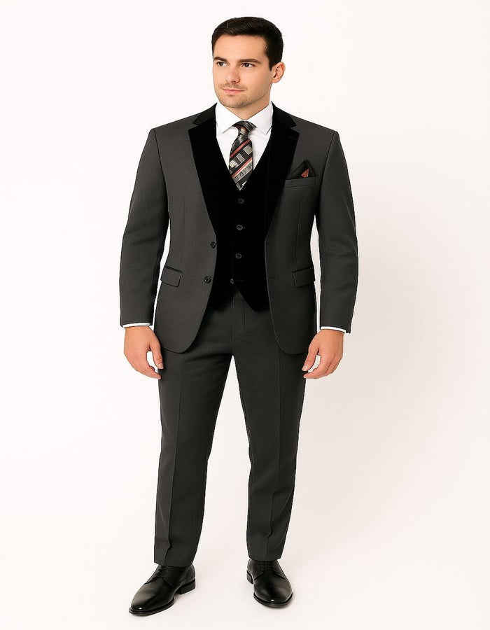 Men's Charcoal Gray 3-Piece Suit with Black Velvet Lapel - Formal Business and Wedding Attire - Gray Tuxedo by USA Men's Outlet