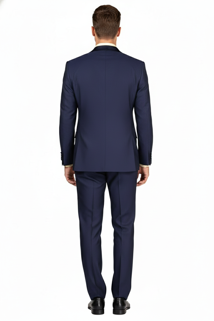 Men’s Navy Blue Double-Breasted Tuxedo with navy Satin Peak Lapel Wedding Suit by USA Men's Outlet
