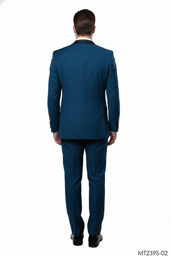 Men’s Teal Blue Tuxedo - 3-Piece Formal Suit with Satin Shawl Lapel, Vest, and Pants in Saphire Cobalt Blue Color by USA Men's Outlet