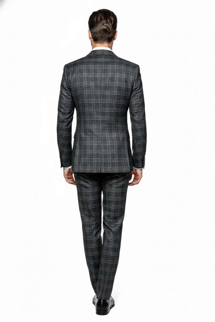 Men’s Charcoal Plaid Double-Breasted Suit - Tailored Pants Windowpane Pattern By Rossiman - USA Men's Outlet