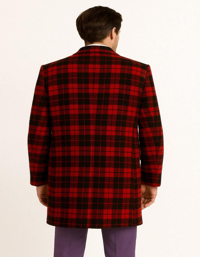 Men’s Red and Black Plaid Wool Overcoat - Tartan Texture Fabric Christmas Carcoat by USA Men's Outlet