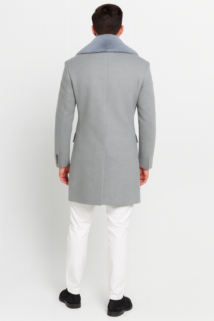 Men’s Light Grey Double Breasted Overcoat with Faux Fur Shawl Collar - Winter Luxury Coat Wool Fabric USA Men's Outlet