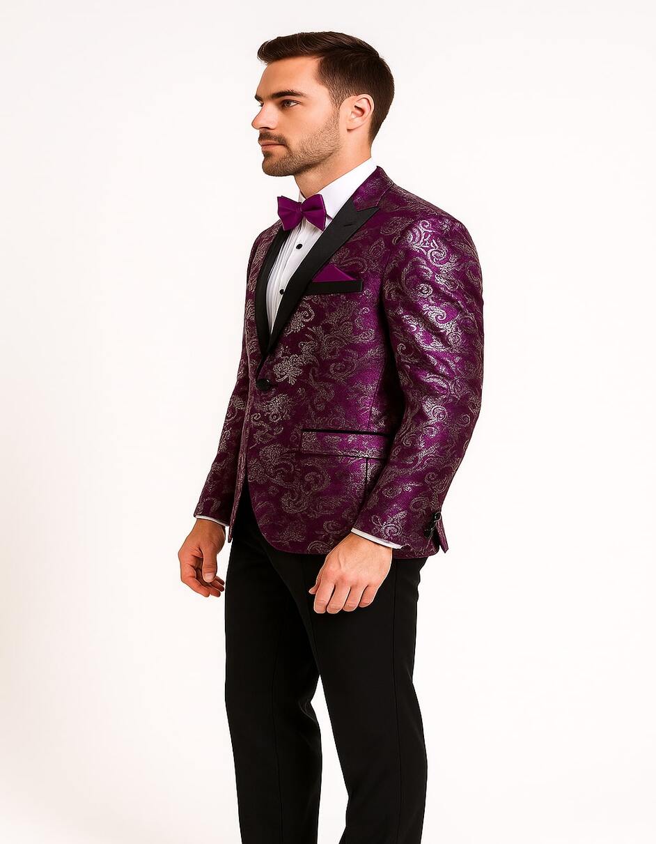 Product Title: Men's Pinkish ~ Purple Paisley Tuxedo Jacket with Black Satin Lapel – Formal Prom and Wedding Blazer in Meganta Color