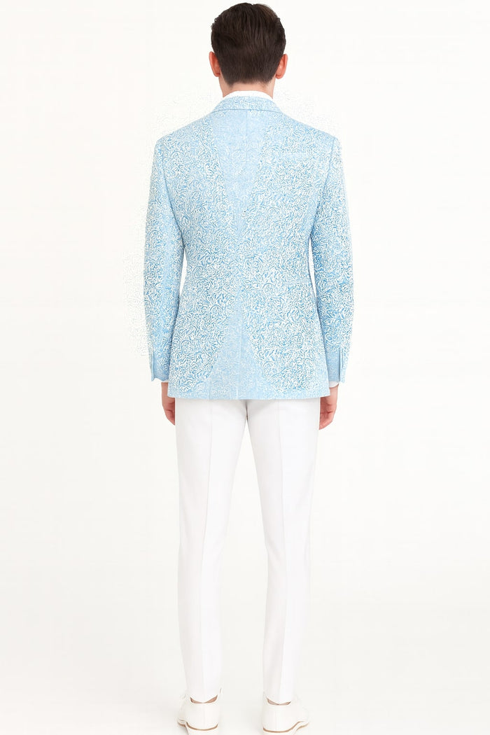 Mens Light Blue Paisley Tuxedo Jacket with Matching Bow Tie - Slim Fit Blazer for Weddings, Prom, and Formal Events by USA Men's Outlet