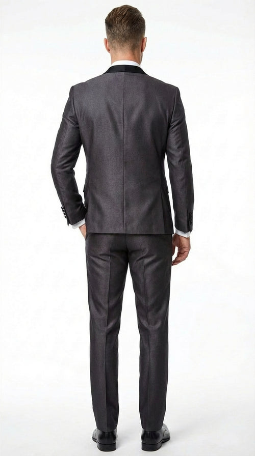 Men’s Shiny Sateen Charcoal Gray Tuxedo 3 Piece Suit with Black Shawl Lapel | Formal Wedding Prom Suit Sharkskin